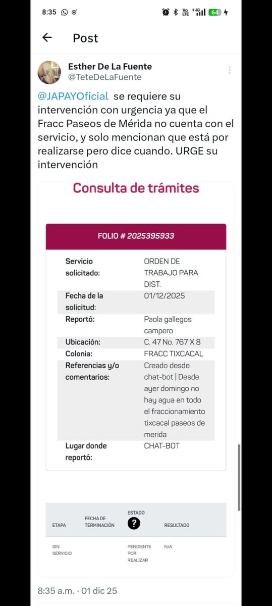 cb_walter's tweet photo. @JAPAYOficial Desde ayer No hay agua en fraccionamiento paseos de Mérida y   gran calzada, ya hay múltiples reportes, pero cuando llamas dicen que no hay ningún  reporte https://t.co/uhhWThL5P3