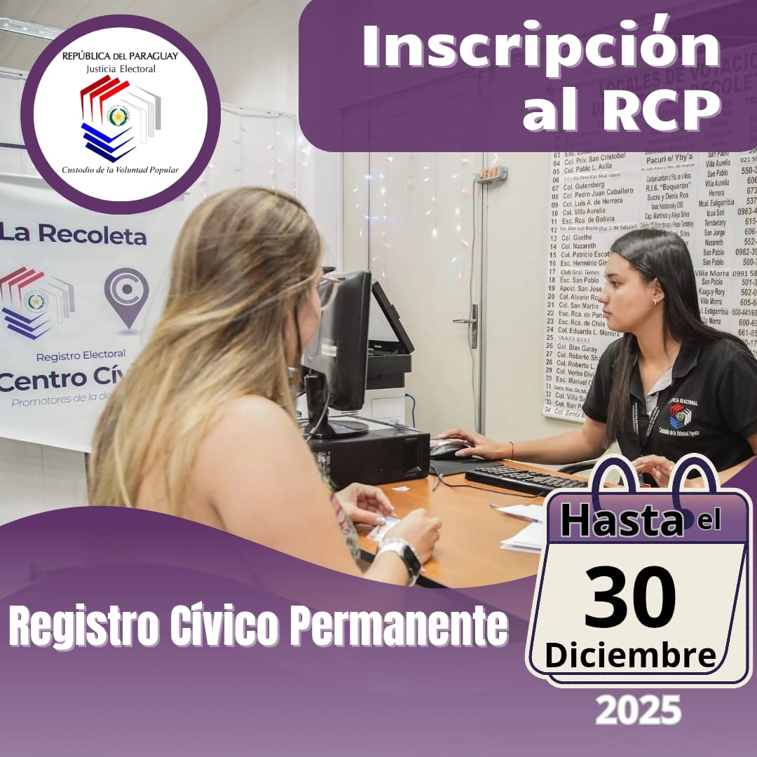 TSJE_Py's tweet photo. ✍️ Inscribite y actualizá tus datos en el RCP y participá en las próximas #EleccionesMunicipales2026.

🏛️Te esperamos en los Registros Electorales y #CentrosCívicos ubicados en todo el país de martes a domingo, incluso feriados desde las 07:00h. 
🧵 https://t.co/51r7Q2i0Iw