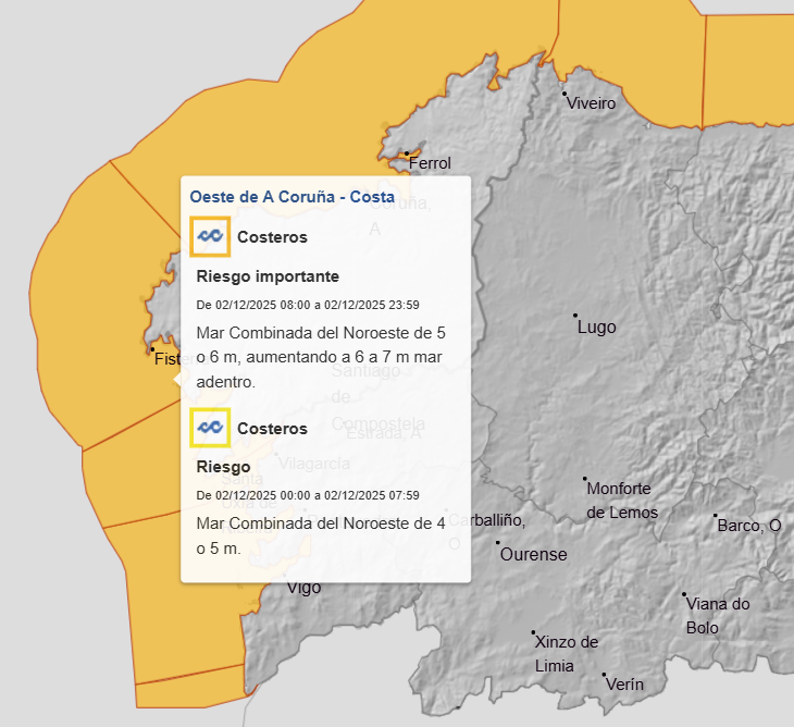 ⚠ Durante a xornada do martes, a situación no mar será  bastante complexa. A AEMET ten activado  un aviso de nivel LARANXA en toda a costa por ondas que rondarán os 5-7 metros xunto con fortes refachos de vento, polo tanto, moita precaución e sentidiño común 😌