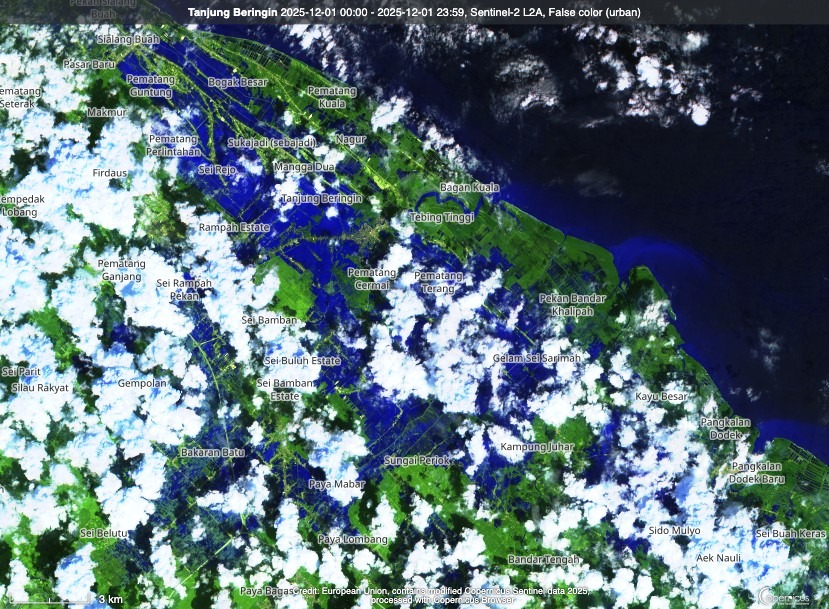 riznoeg's tweet photo. Wilayah terdampak banjir akibat Siklon Senyar di Provinsi Aceh dan Sumatera Utara, berdasarkan citra Sentinel 2, 1/12. https://t.co/Ncqn6OPRFi