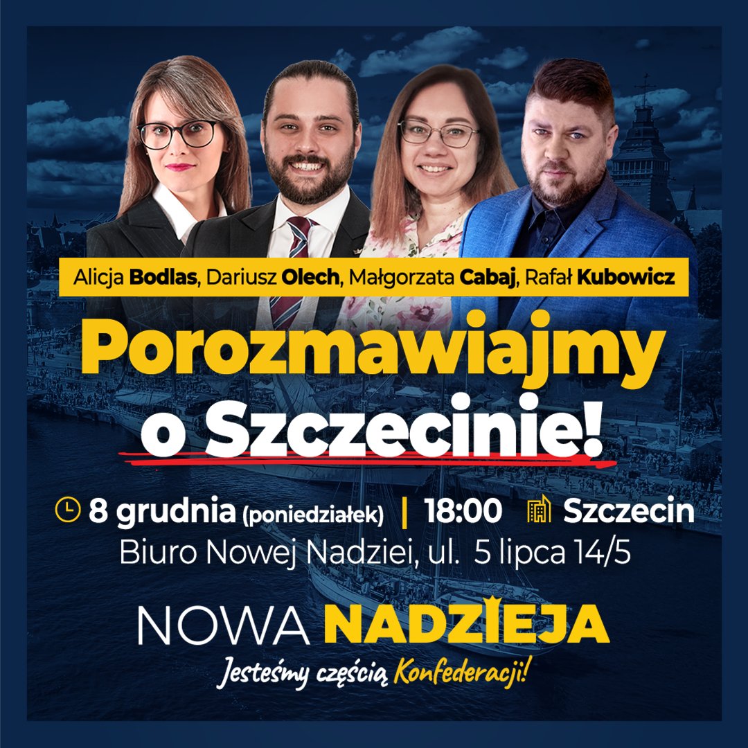 Jakie tam macie plany na poniedziałkowy wieczór za tydzień? Już wam mówię - przychodzicie na spotkanie otwarte <a href="/NowaNadzieja_ZS/">Nowa Nadzieja - Szczecin</a>! 8 grudnia, godzina 18:00 w biurze przy ul. 5 lipca 14/5 w Szczecinie. Wpadniecie i porozmawiajmy. O czym tylko chcecie. Do zobaczenia na miejscu!