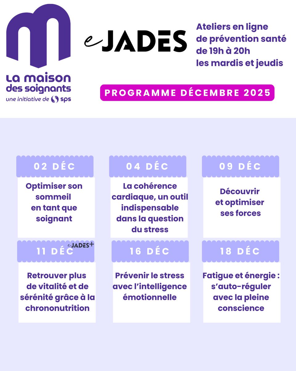 💡 Découvrez le programme des #eJADES, les ateliers en ligne de prévention santé du mois de décembre !
🔝 Inscrivez-vous gratuitement sans tarder, prenez soin de vous !
🔗 lamaisondessoignants.fr/vous-ressource…

#soignants #étudiantsensanté #prosdesanté #soignantsgrandecause  #préventionsanté