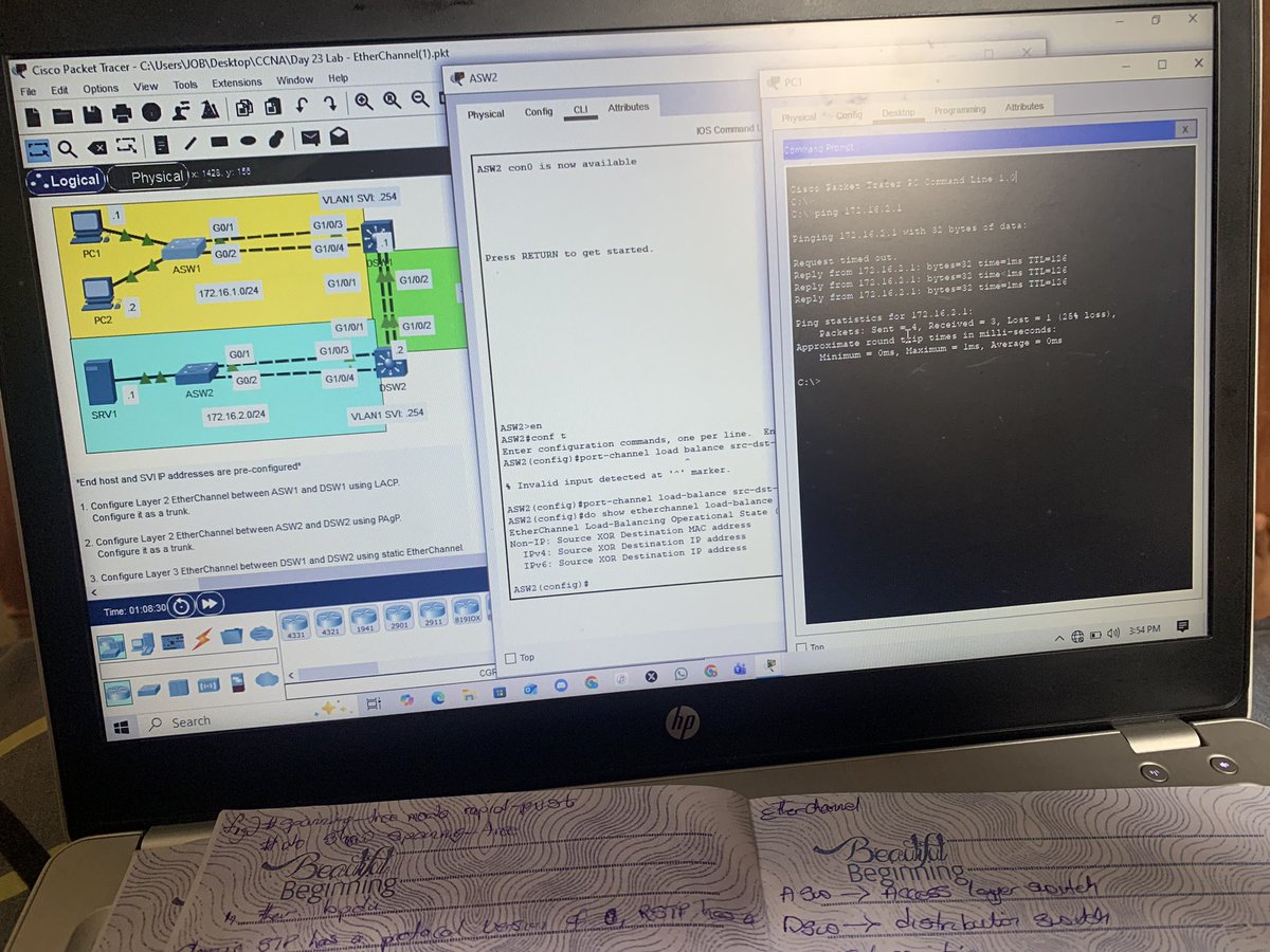 Romz_inc's tweet image. Day 29 CCNA Progress

Learnt Access Layer, Distribution Layer and oversubscription.
Dived into EtherChannel design and aggregation protocols.
Studied static mode, PAgP and LACP plus full CLI.
Another solid day of switching knowledge.
#NetworkEngineering #Cisco #CCNA