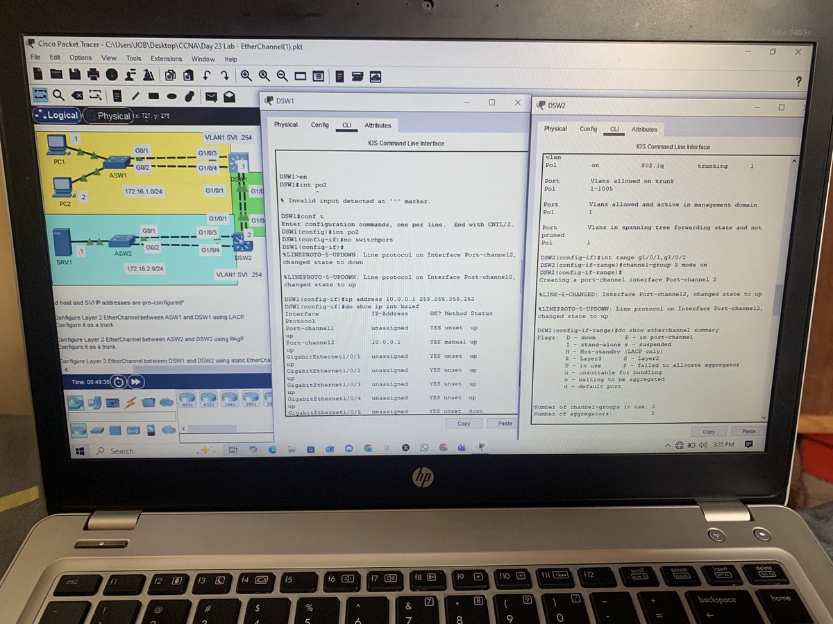 Romz_inc's tweet image. Day 29 CCNA Progress

Learnt Access Layer, Distribution Layer and oversubscription.
Dived into EtherChannel design and aggregation protocols.
Studied static mode, PAgP and LACP plus full CLI.
Another solid day of switching knowledge.
#NetworkEngineering #Cisco #CCNA