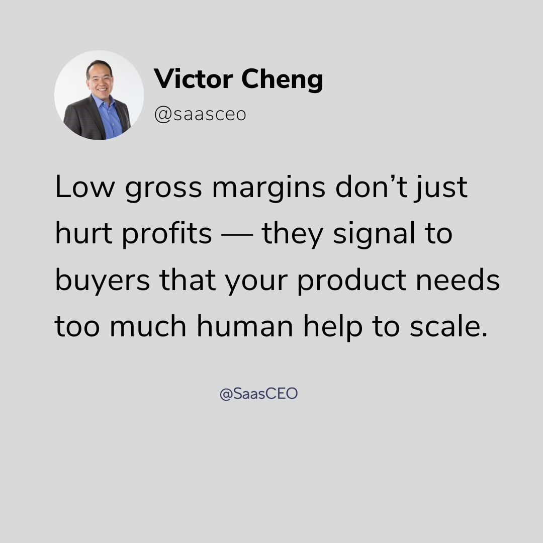 Low gross margins don’t just hurt your bottom line.

They tell buyers your SaaS product isn’t scalable—and that kills valuations fast.

Design for scale. Build margin early.

#SaaS #StartupScaling #GrossMargins