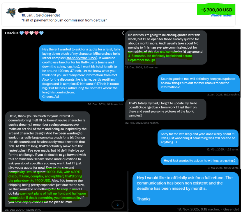 AvineahrKSol's tweet photo. Artist Beware on @PlushCercius !
TLDR: multiple clients are getting ghosted, their website is gone, shop is empty, no activity on any plattform. 

Please share! In case you have a direct contact to them or know what is up, please let me know - so we might be able to resolve this. https://t.co/gNaj9W41Ok