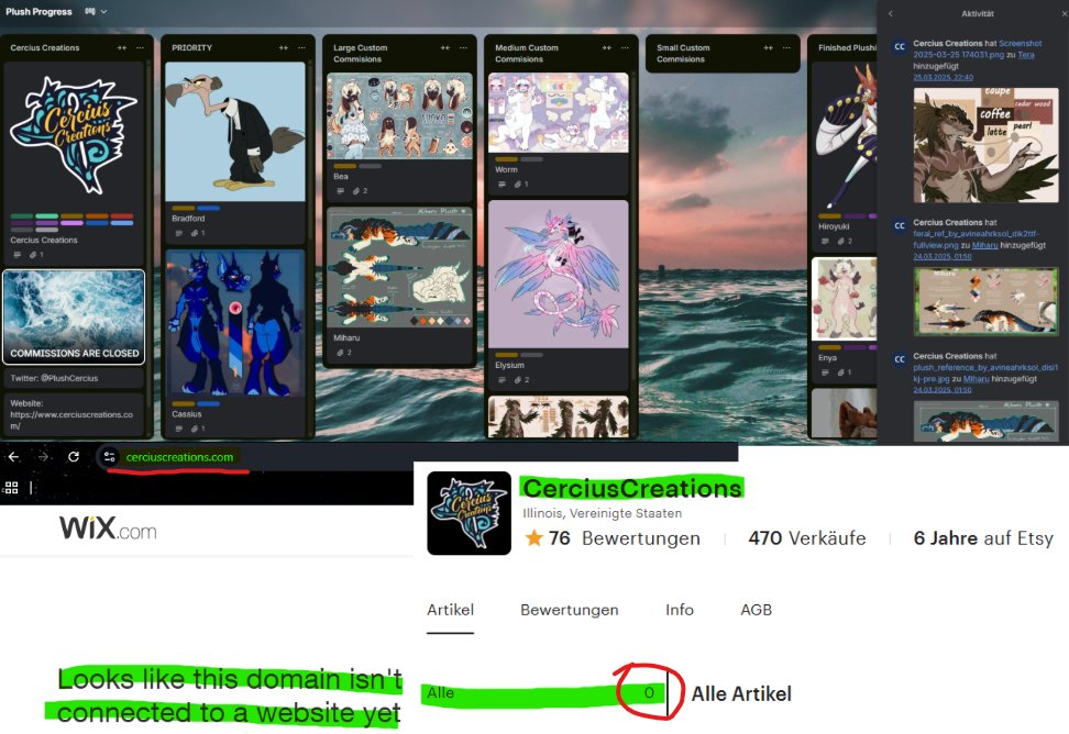 Artist Beware on <a href="/PlushCercius/">Cercius 🩵🩷🤍🩷🩵</a> !
TLDR: multiple clients are getting ghosted, their website is gone, shop is empty, no activity on any plattform. 

Please share! In case you have a direct contact to them or know what is up, please let me know - so we might be able to resolve this.