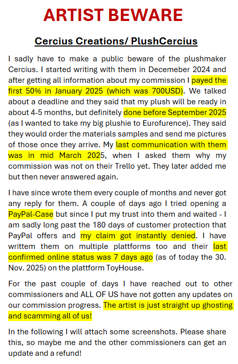 AvineahrKSol's tweet photo. Artist Beware on @PlushCercius !
TLDR: multiple clients are getting ghosted, their website is gone, shop is empty, no activity on any plattform. 

Please share! In case you have a direct contact to them or know what is up, please let me know - so we might be able to resolve this. https://t.co/gNaj9W41Ok
