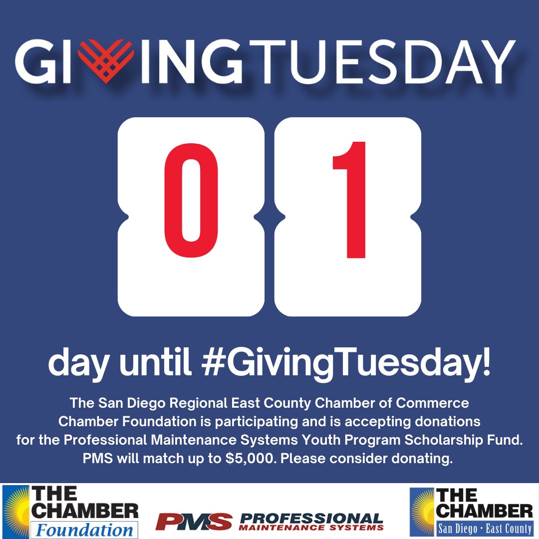 sdeccc's tweet image. ⏳✨ Tomorrow is Giving Tuesday! ✨⏳

We’re gearing up for a day of meaningful impact as The Chamber helps support the Professional Maintenance Systems Youth Program Scholarship Fund with the goal of empowering local students on their path to success.

And remember… PMS will…