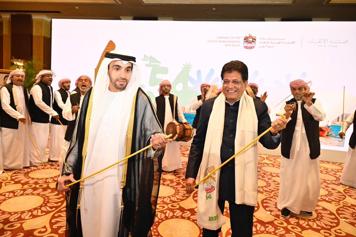 PiyushGoyal's tweet image. Delighted to attend the 54th UAE National Day celebrations! 

Grateful for the warmth &amp;amp; hospitality extended by H.E. Dr. Abdulnasser Jamal Alshaali, Ambassador of UAE to India, @UAEembassyIndia. Proud of the strong India-UAE partnership, driven by trust, innovation &amp;amp; shared…