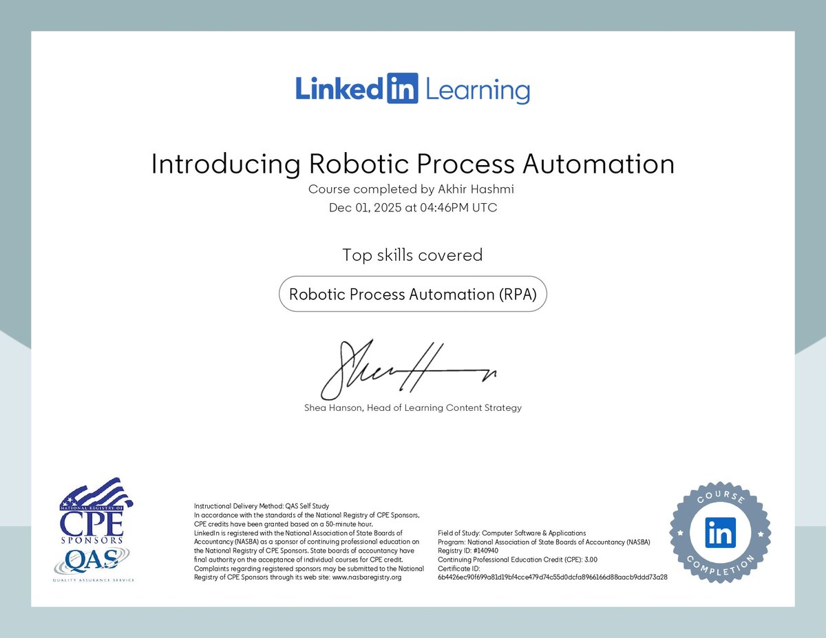HashmiAakhir's tweet image. 🤖 Just completed my RPA (Robotic Process Automation) journey!  
Excited to explore how automation can simplify the future of work.  🚀🚀

#RPA #LinkedInLearning #Automation #FutureSkills