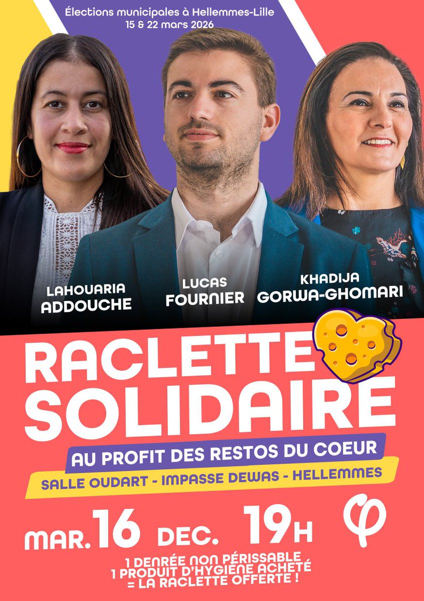 🧀 RACLETTE SOLIDAIRE A #HELLEMMES !

La liste insoumise que je conduis pour les élections municipales a le plaisir de vous inviter le mardi 16 décembre, à partir de 19h à la Salle Oudart à #Hellemmes !

1 denrée / 1 produit d'hygiène acheté = La raclette offerte !