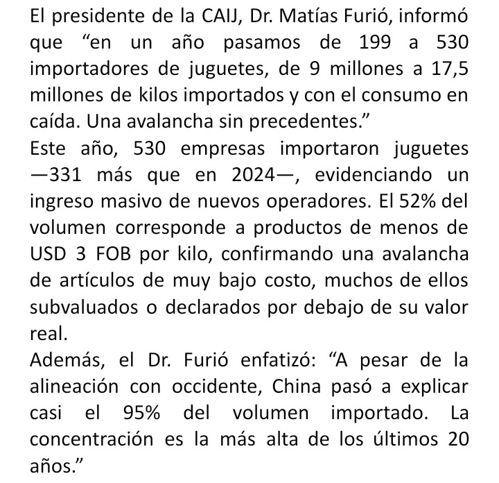 "A pesar de la alineación con occidente, China paso a explicar casi el 95 x ciento del volumen importado, la concentración más alta de los últimos 20 años". El velorio le llegó, ahora a la industria del juguete. Durísimos datos de caída d venta e invasión de importados