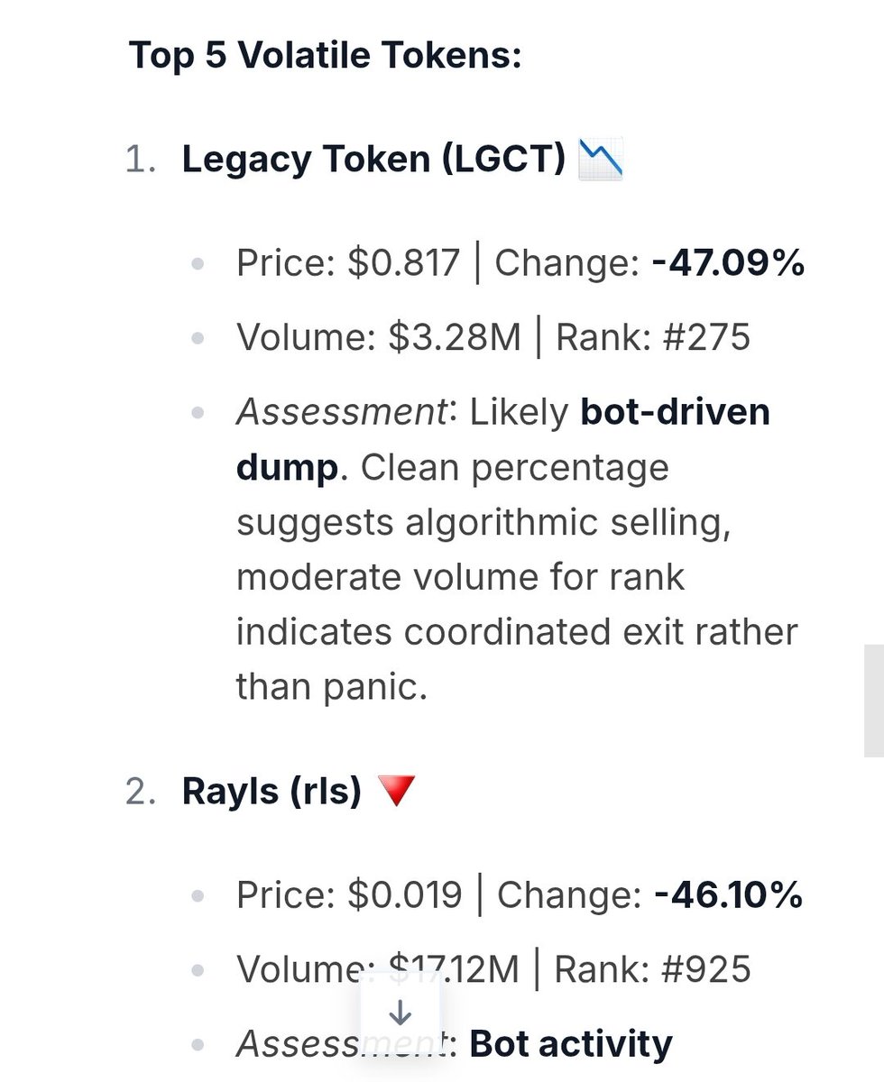 Bee_N3rd's tweet photo. Powered by  $SYNT

List the 5 tokens with the sharpest volatility spikes in the last 24h, and estimate if they’re driven by organic activity or AI trading bots.

@synternet_com Web UI run

https://t.co/zuNTJZQPJq https://t.co/FaEc96JphO