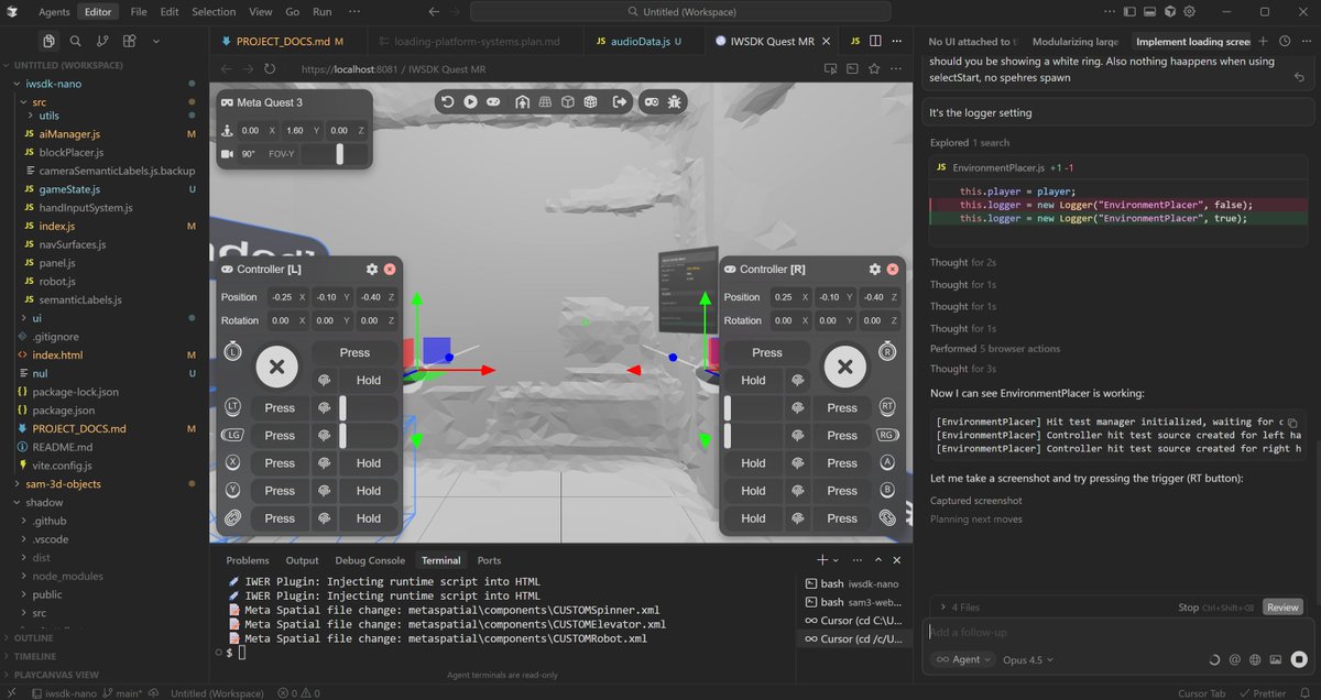 jamesckane's tweet image. Seeing @cursor_ai open its browser, pass input to @felix_trz&apos;s #WebXR emulator for @meta IWSDK, then read the console and take screenshots to test @threejs code by @claudeai Opus 4.5 for my @VIVERSEofficial mixed reality game 👀

I do enough headset debug reps - this is the way