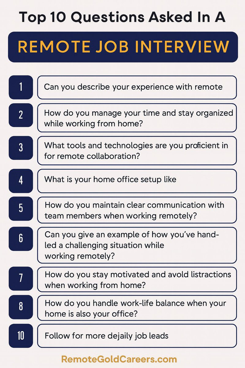 RemotejobsRM's tweet image. Interview tips:
Prepare your answers before you walk into the interview.
 #remotework #jobinterview #workfromhome #digitalnomad #interviewprep #jobsearch #virtualinterview #remotejobsearch #interviewtips