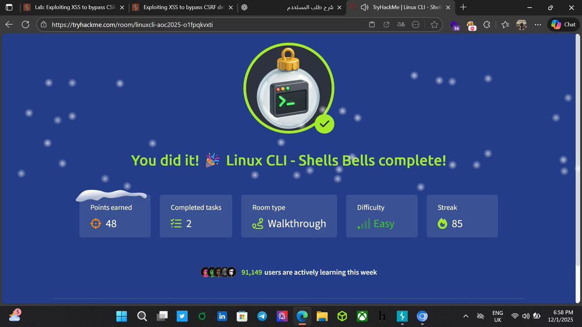 I just completed Linux CLI - Shells Bells room on TryHackMe. Explore the Linux command-line interface and use it to unveil Christmas mysteries. tryhackme.com/room/linuxcli-… #tryhackme via <a href="/tryhackme/">TryHackMe</a>
