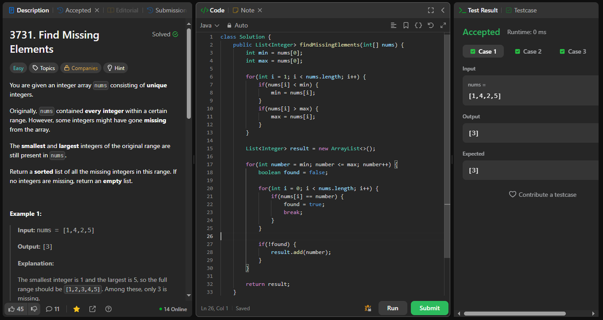 coder_s_Snippet's tweet image. #DailyCodingChallenge
Day 260
Task: Find all missing numbers between the smallest and largest values in the array.
Solution: Identify the min and max, then check each number in that range and collect the ones not present.
#LeetCode
