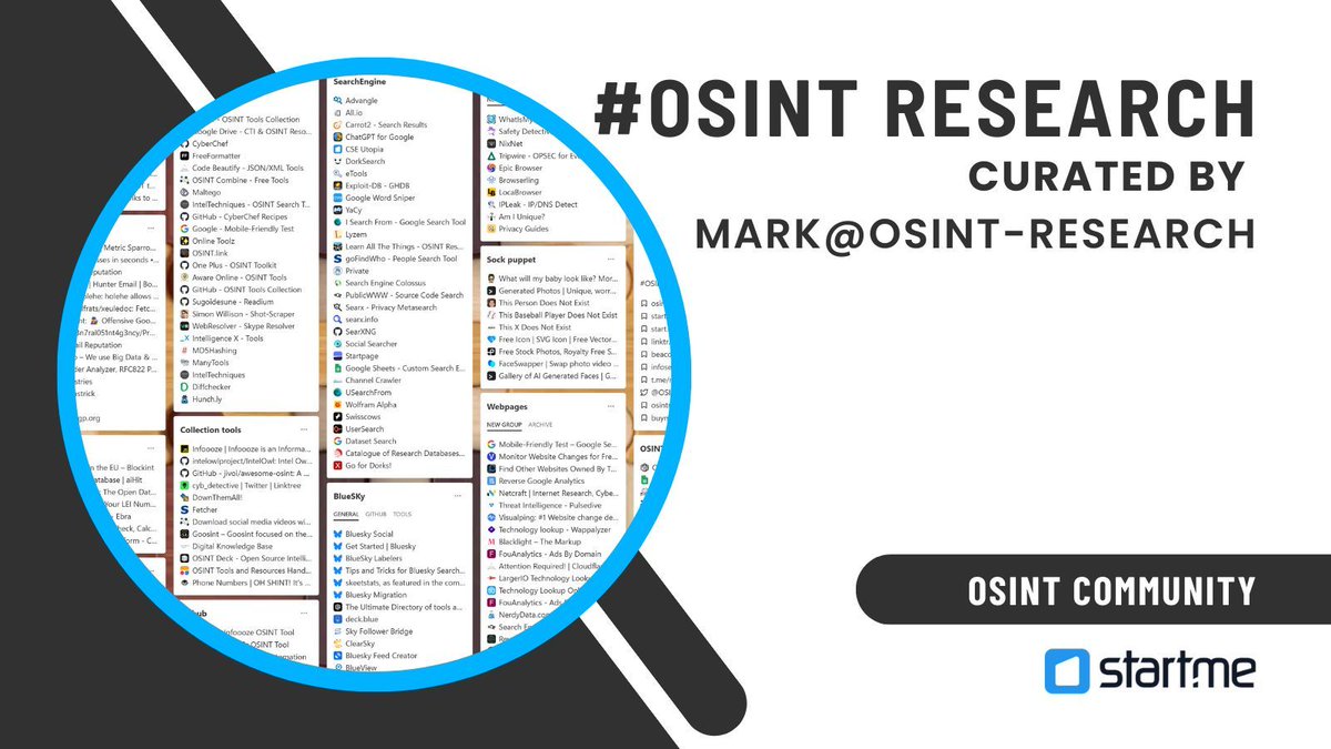 startme's tweet image. Wish you could keep all your OSINT tools in one view? This page pulls usernames, emails, search engines, OPSEC guides, and more into a single workspace. Explore, compare, and save what you need. start.me/p/rxekAP/osint…
 #OSINT #research