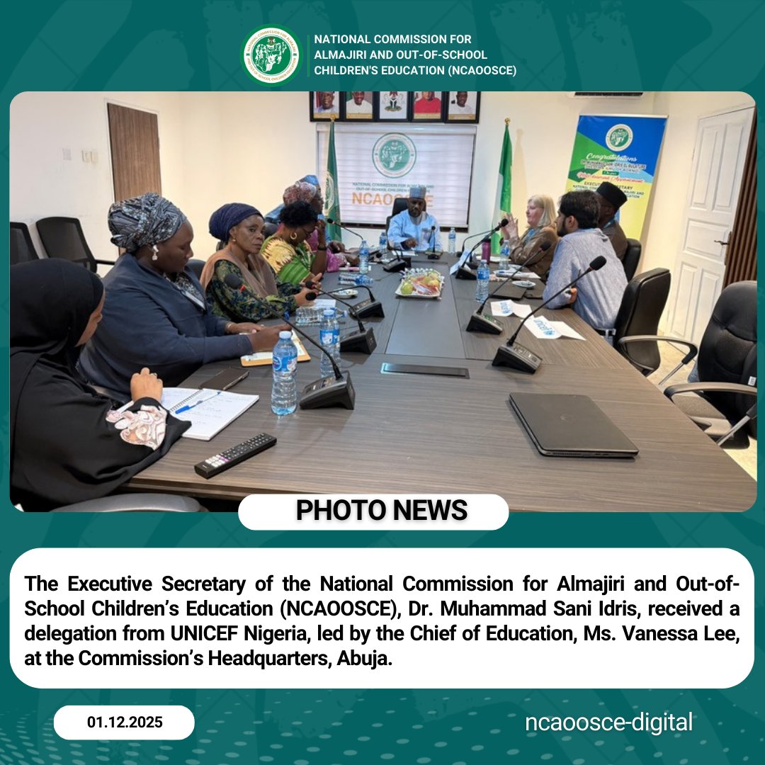 ncaoosce's tweet photo. The Executive Secretary of the National Commission for Almajiri and Out-of-School Children’s Education (NCAOOSCE), @DrMuhammadIdris, received a delegation from @UNICEF_Nigeria, led by the Chief of Education, Ms. Vanessa Lee, at the Commission’s Headquarters, Abuja.

The engagement focused on exploring key areas of collaboration to strengthen efforts toward addressing the challenge of Almajiri and out-of-school children in Nigeria.

#NCAOOSCE2025
#EducationForAll