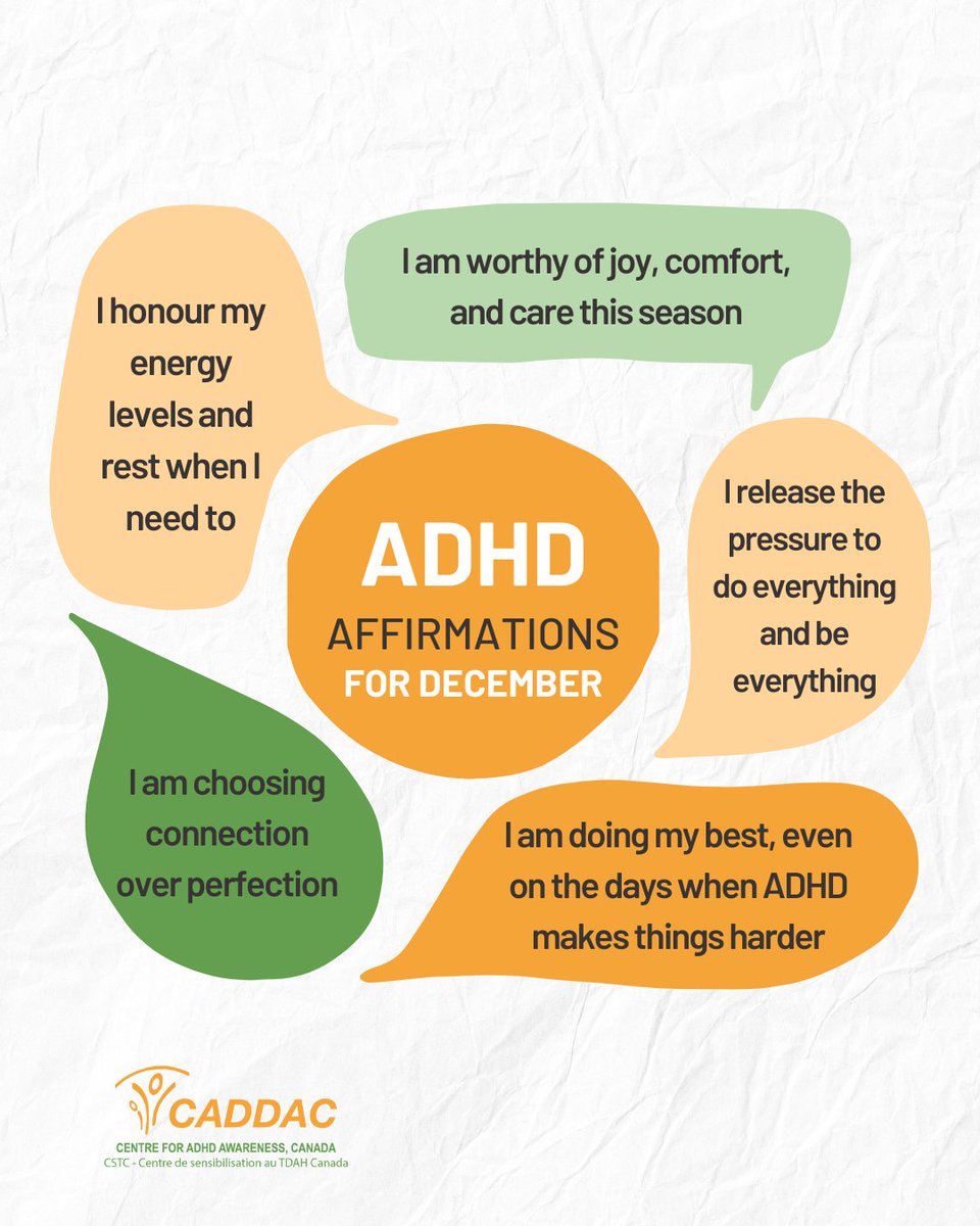 CentreforADHD's tweet photo. If the holiday season feels chaotic with ADHD, you’re not alone. 🎄🧡

These affirmations are here to remind you that your pace is valid, your needs matter, and you deserve a season filled with support, not stress! https://t.co/OpUY3EZzll