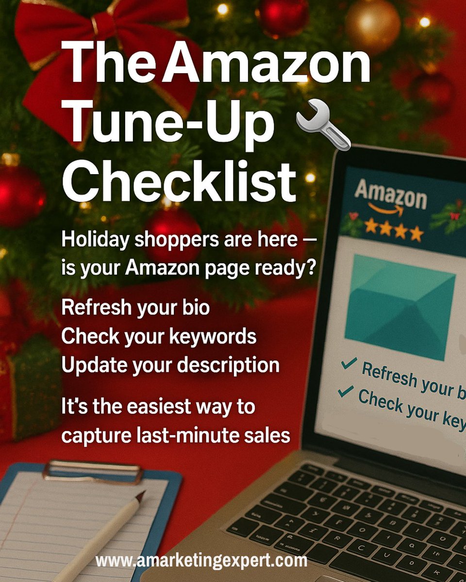 Bookgal's tweet image. The Amazon Tune-Up Checklist 🔧

Holiday shoppers are here—is your Amazon page ready? 

Refresh your bio, check your keywords, update your description. It’s the easiest way to capture last-minute sales!

#AmazonAuthor #BookMarketing #AuthorTips #IndieAuthor