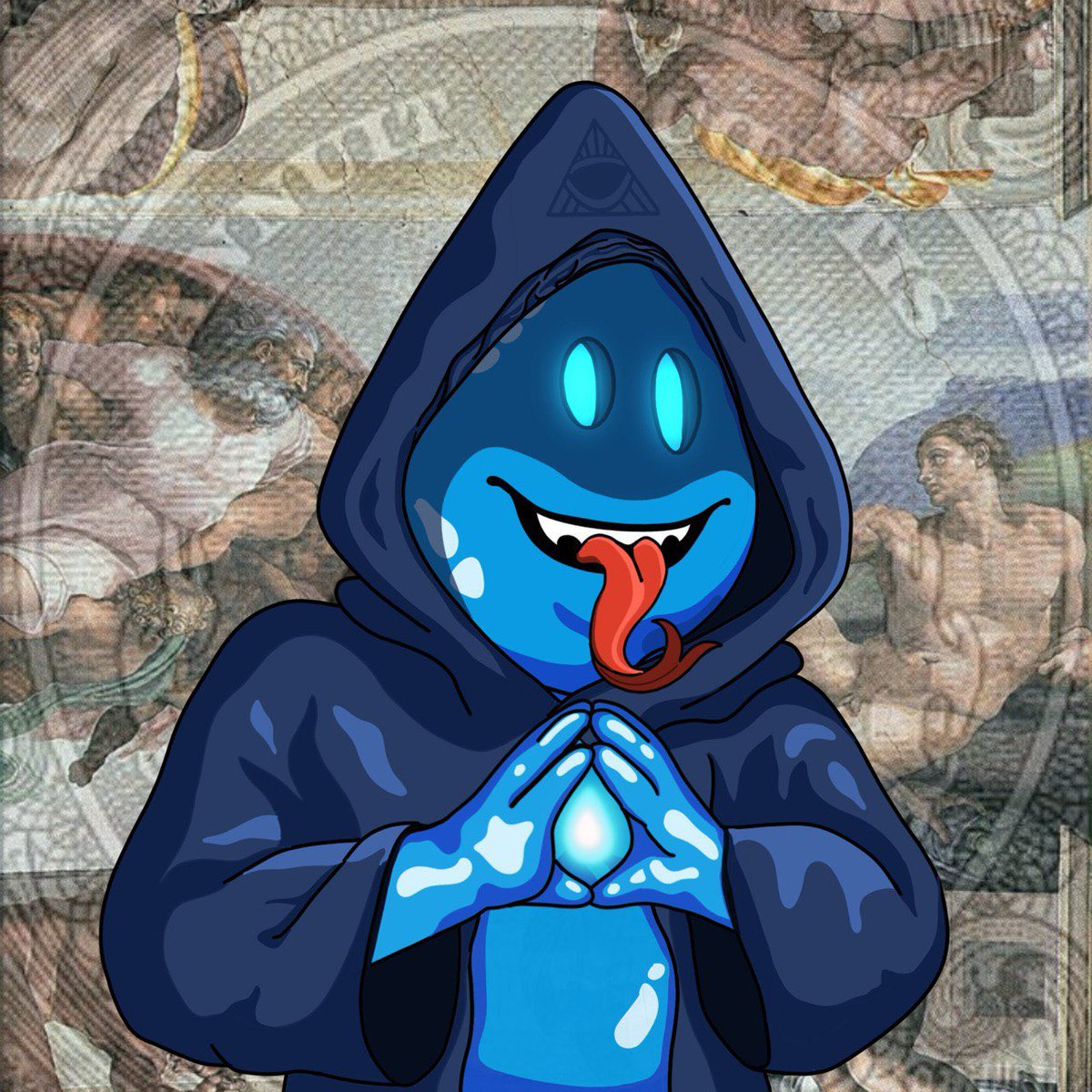 クリスタルを持つ青いフードのキャラクターの漫画風イラスト、Suiのミーム文化を表現