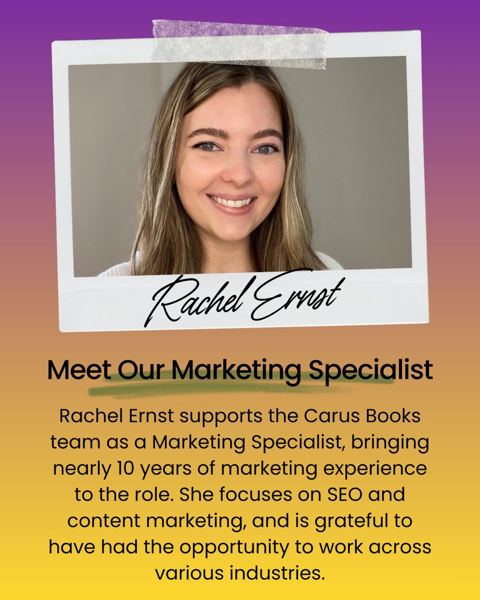 BooksCarus's tweet photo. Meet Rachel Ernst, our Marketing Specialist! 📚✨ Bringing our books to the world with creativity and strategy, Rachel makes every story impossible to miss. 

#TeamSpotlight #MeetTheTeam #RachelErnst https://t.co/80pJ7lGFrS
