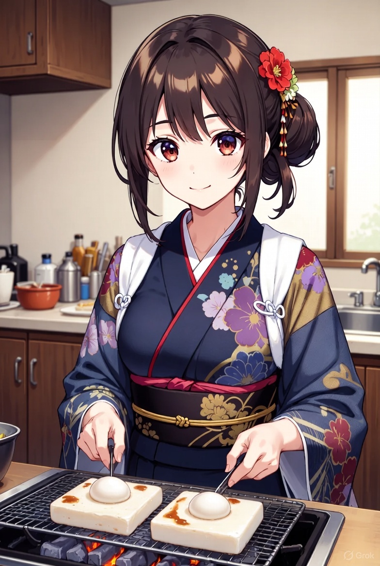 aa2ff112's tweet image. #AIイラスト︎ #Grok4 (エキスパートβ版)で
制作したお正月にお餅を焼く女の子です
来年のことを言うと鬼が笑うぞ(　▽　)
わーはっはっは　あと３０日だよ
ええっ!?　Σ(- -ノ)ノ