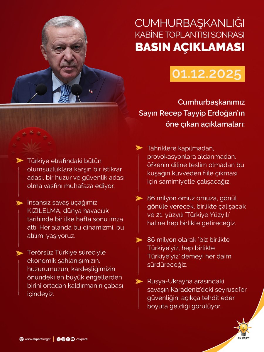 Cumhurbaşkanımız Sayın Recep Tayyip Erdoğan’ın, Cumhurbaşkanlığı Kabine Toplantısı sonrası öne çıkan açıklamaları.