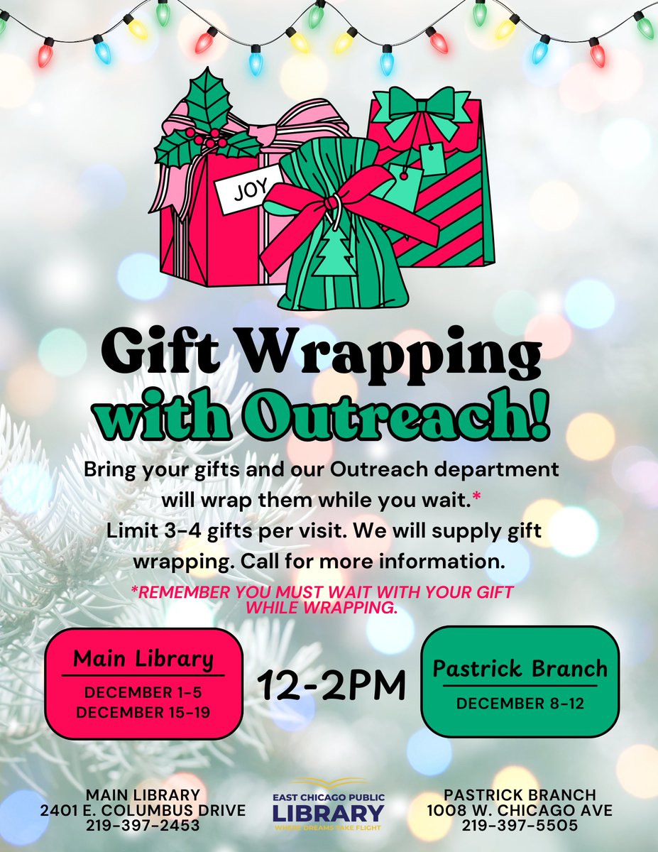 ECPublicLibrary's tweet image. 🎄Holiday helpers are here!
Visit our Outreach Department this December for free gift wrapping!

🎁Please see flyer for scheduled dates, locations, and time.
🎁Max 3-4 presents per visit!

#christmas2025 #gifts #outreach