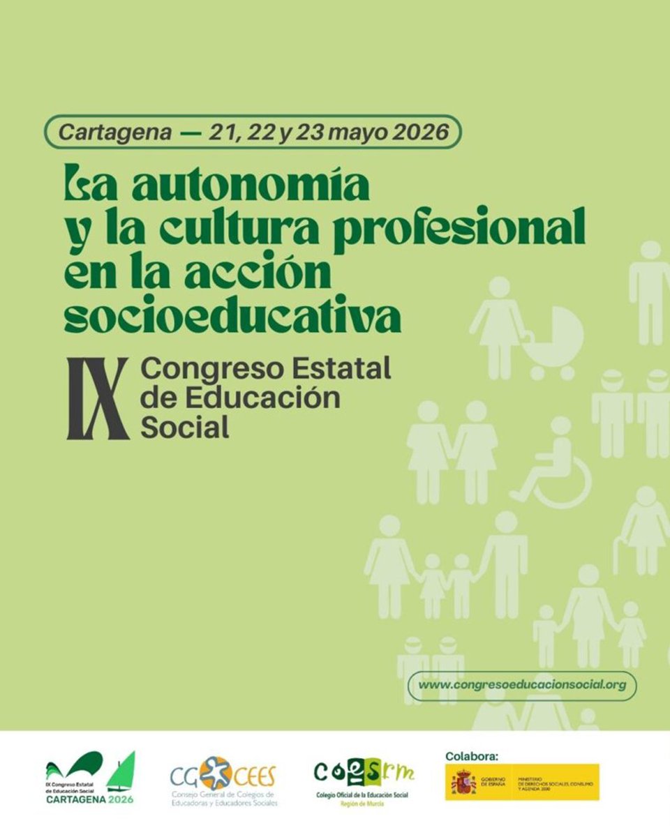 📣 ¡Ya hay fechas! El IX Congreso Estatal de Educación Social se celebrará en Cartagena los días 21, 22 y 23 mayo de 2026. 

Un espacio para reflexionar, aprender, compartir y fortalecer nuestra profesión.

📌 congresoeducacionsocial.org/9congreso/

#CEESCYL20Años
