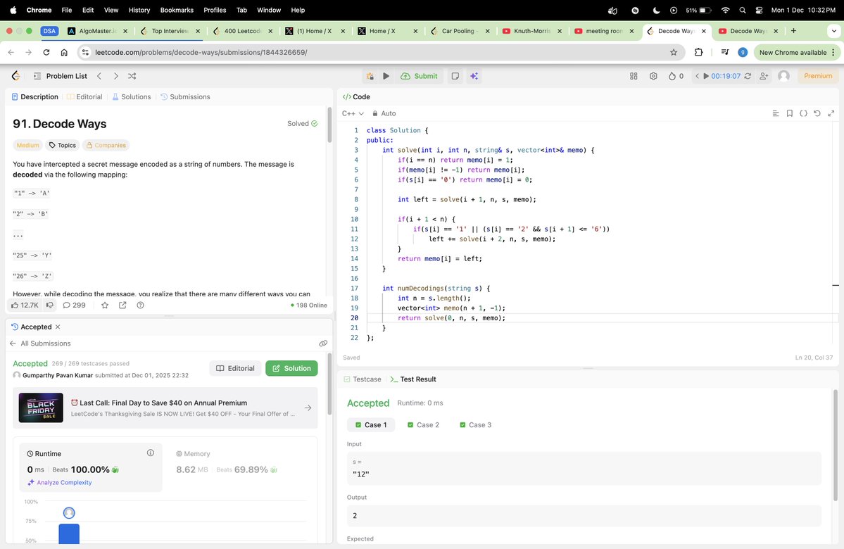 thehungertocode's tweet image. Hello Everyone 👋

Completed #Day700 of the #codeeveryday challenge.

Solved: Decode Ways

✅ T.C: O(n)
✅ S.C: O(n)

#consistencyiskey #buildinpublic #developer #Engineering #LeetCode