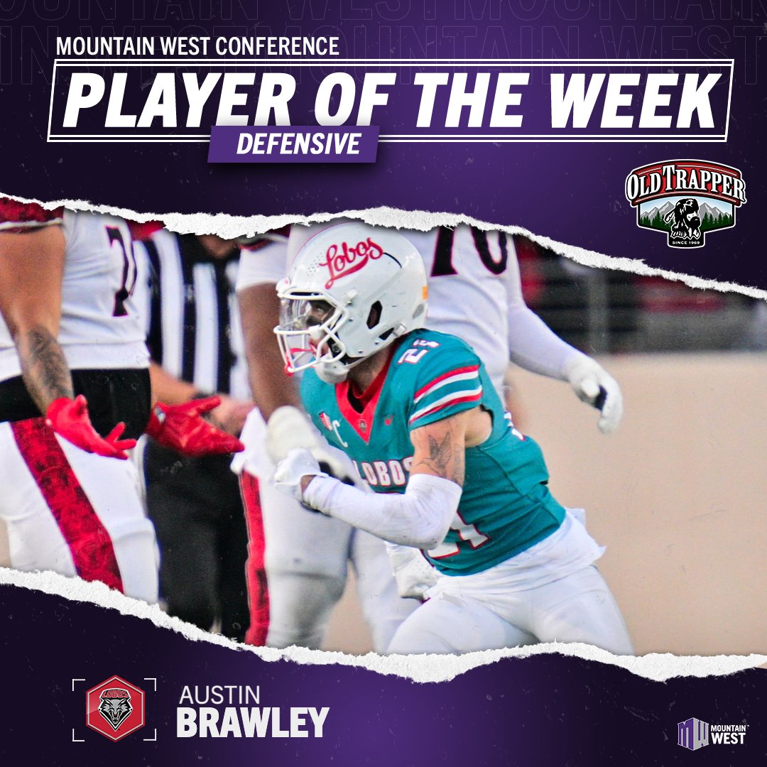 𝗗𝗲𝗳𝗲𝗻𝘀𝗶𝘃𝗲 𝗣𝗹𝗮𝘆𝗲𝗿 𝗼𝗳 𝘁𝗵𝗲 𝗪𝗲𝗲𝗸 ➡️ 𝗔𝘂𝘀𝘁𝗶𝗻 𝗕𝗿𝗮𝘄𝗹𝗲𝘆
 
Brawley delivered 10 tackles, a sack, a forced fumble and an interception in <a href="/UNMLoboFB/">New Mexico Football</a>'s double-OT win over the Aztecs
 
#MWFB | #GoLobos