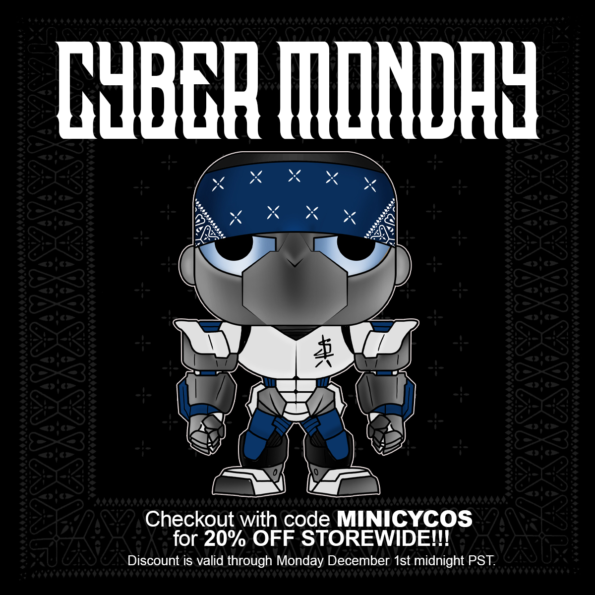 OFFICIALSTIG's tweet image. CYCOCYBERMONDAY is here! 
Mr. MiniCyco in his Mecha outfit will crush down our annual sale TONIGHT AT MIDNIGHT PST!
Discount code MINICYCOS will give you a 20% OFF STORE WIDE!
STill few hours until Mr. MiniCyco's mega particle cannon will destroy the sale
suicidaltendenciesstore.com