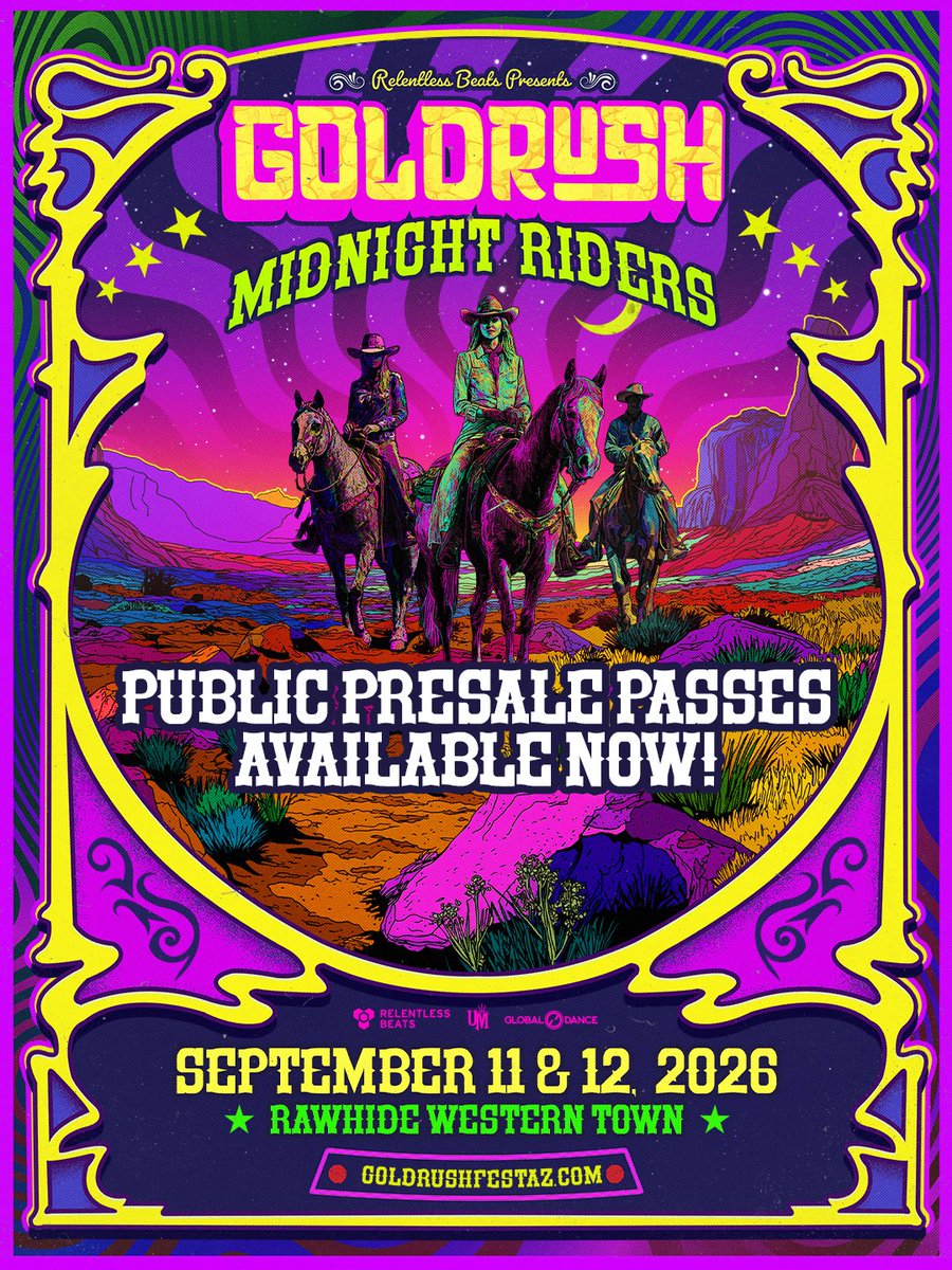 Goldrush: Midnight Riders 2026 public presale is live now 🤠 Tickets are officially open at the best price, so lock in your spot for September 11 and 12 with a low down payment using a payment plan.

Saddle up and secure your ride → goldrushfestaz.com 🎟️