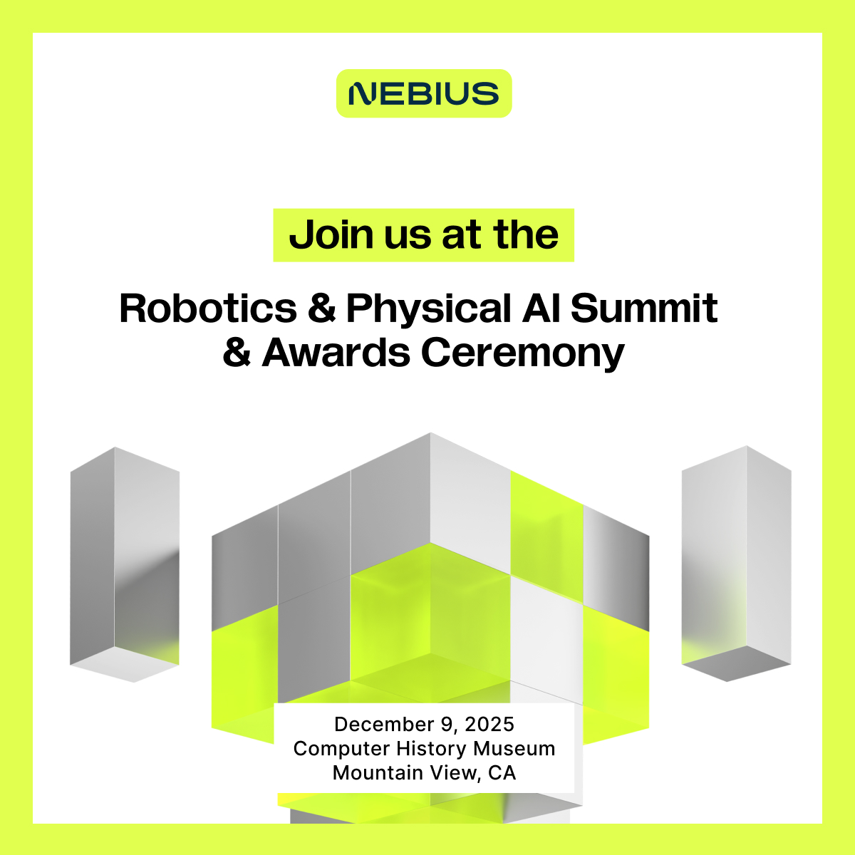 nebiusai's tweet photo. Don’t miss the Robotics &amp; Physical AI Summit &amp; Awards Ceremony on Dec 9th 
 
Reserve your spot today:  https://t.co/UeBZVRBQ1z

(Thread 1/3): https://t.co/Dd6QORKx2N