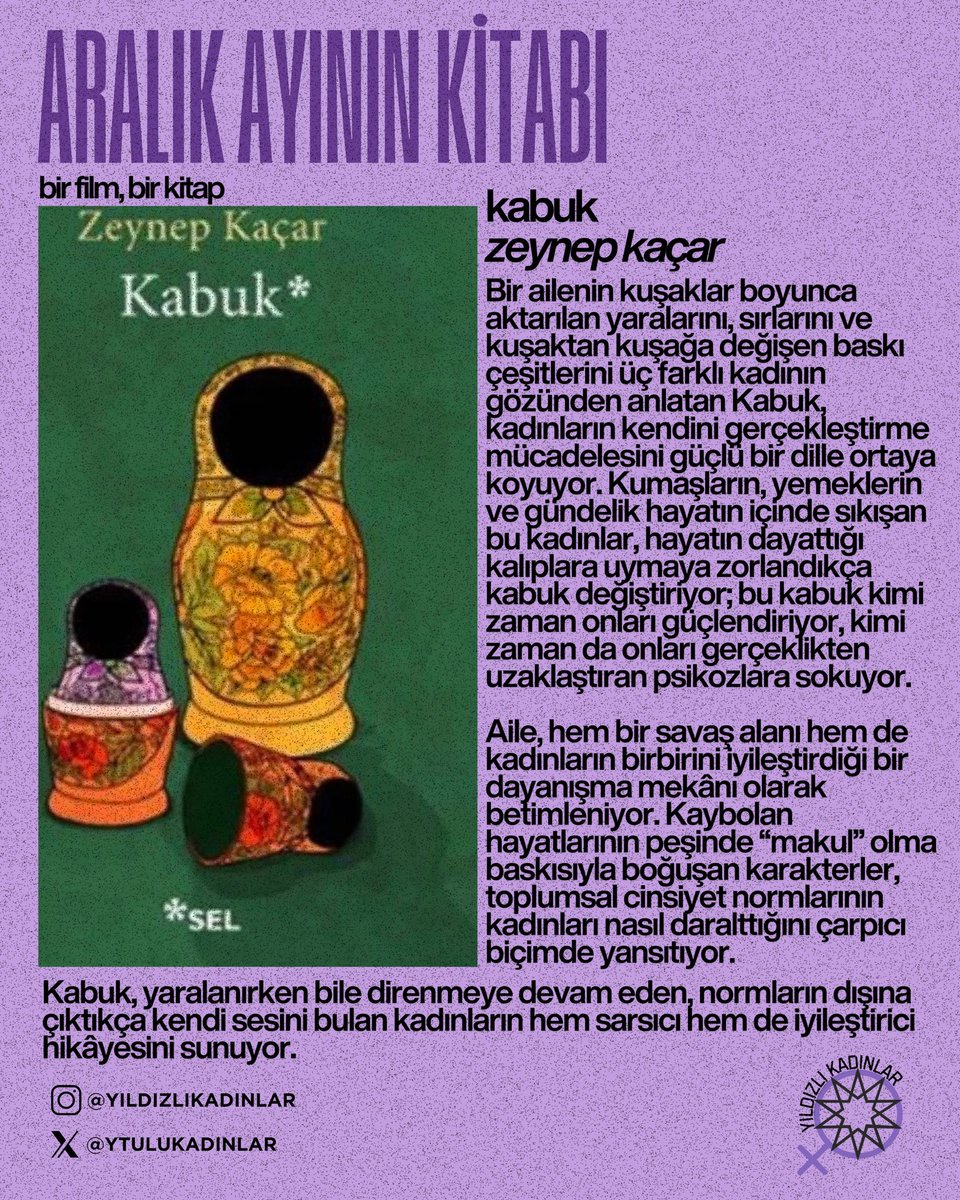 💜 Yıldızlı Kadınlardan aralık ayının önerileri: bir film, bir kitap. 
🎬 Uçurtmayı Vurmasınlar (1989)
📖 Kabuk, Zeynep Kaçar