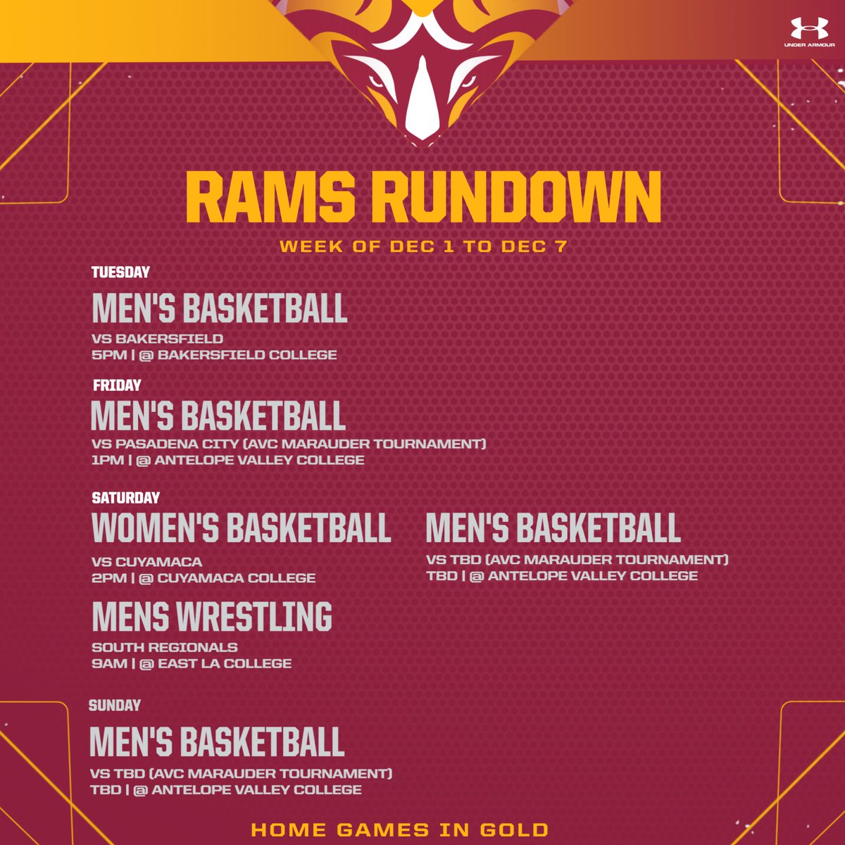 📣 This Week in Rams Athletics

No home games this week! 🏠❌
Our MBB &amp; WBB teams are on the road all week. 🏀

Meanwhile, Men’s Wrestling is gearing up for the So Cal Regionals this weekend! 🤼‍♂️🔥

#RamsOnTheRoad🐏 #VVCStrong #GoRams #HornsUp🤘