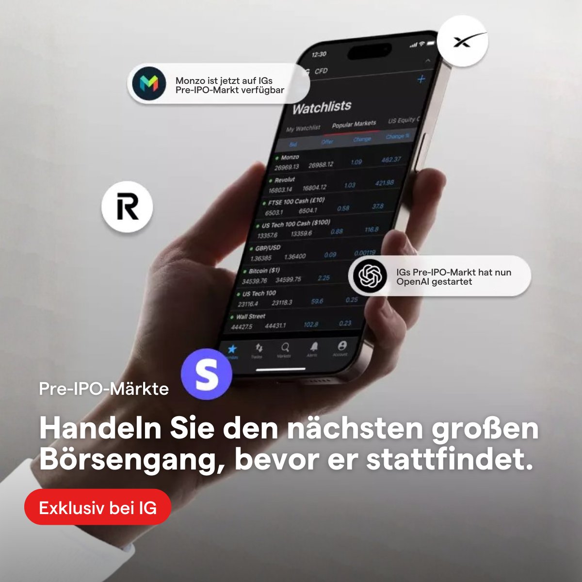 Spekulieren Sie in IPO-Bewertungen, bevor sie live gehen. IGs Pre-IPO-Märkte erlauben Ihnen, auf Monzo, OpenAI &amp; andere Unternehmen vor deren Börsengang zu handeln.

Traden birgt hohe Risiken. 𝟳𝟭 % 𝗱𝗲𝗿 𝗖𝗙𝗗-𝗞𝗹𝗲𝗶𝗻𝗮𝗻𝗹𝗲𝗴𝗲𝗿𝗸𝗼𝗻𝘁𝗲𝗻 𝘃𝗲𝗿𝗹𝗶𝗲𝗿𝗲𝗻 𝗚𝗲𝗹𝗱.