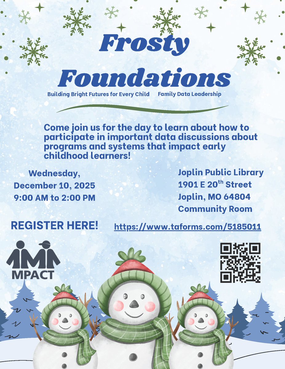 ❄️ Frosty Foundations: Family Data Leadership Training in Joplin!
Dec 10 | 9AM–2PM | Joplin Public Library
Learn how families can take part in data discussions that impact early childhood programs.
🔗 Register: Missouriparentsact.org/training

#MPACT #JoplinMO #ParentTraining