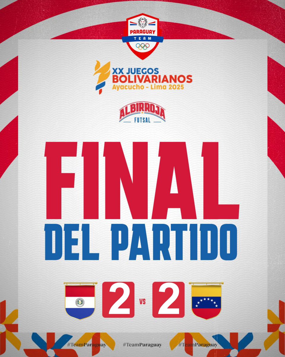 FutsalAPF's tweet photo. ⌚️ Final del partido.

El #TeamParaguay🦁 se anota en las semifinales. 

#Paraguay🇵🇾 2
#Venezuela 🇻🇪 2

🏅 Grupo A - @JBolivarianos25 
🆚 Venezuela 🇻🇪 
🏟️ Polideportivo “Cahuide”.
💻 En vivo por 👉🏽 https://t.co/INTNYkrEzE

¡𝐕𝐚𝐦𝐨𝐬 𝐏𝐚𝐫𝐚𝐠𝐮𝐚𝐲!🇵🇾

#ParaguayPuede💪🏽 
#JuegosBolivarianos2025✔️