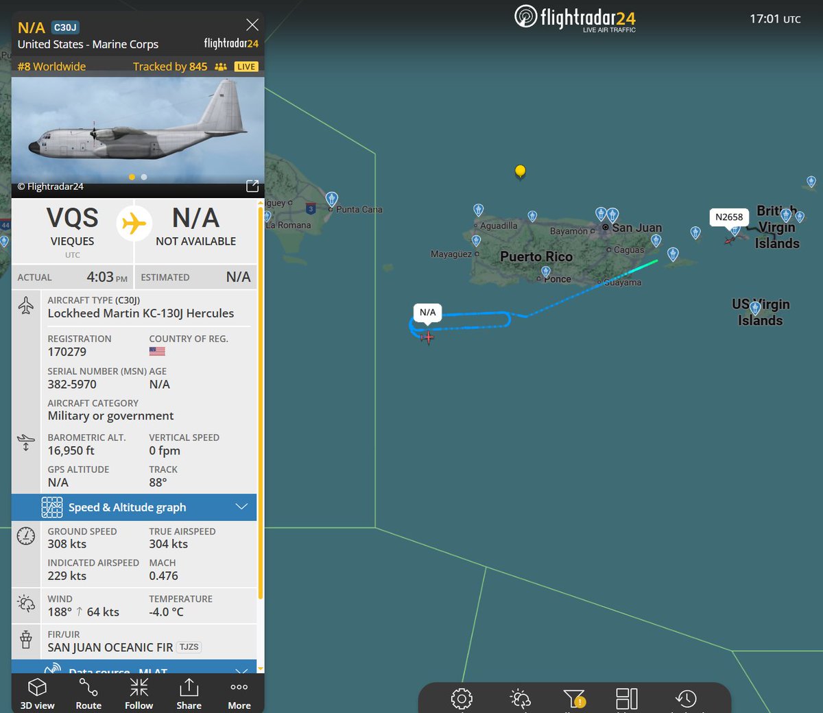 Flightwatcher1's tweet image. #USMC KC-130J Hercules
Código de llamada: ??
Matrícula: 170279
Hex: #ae6c1b
Desde Ceiba🇵🇷 entrenando reabastecimiento en vuelo muy probablemente con los AV-8B Harrier II del Iwo Jima ARG 
#SOUTHCOM
