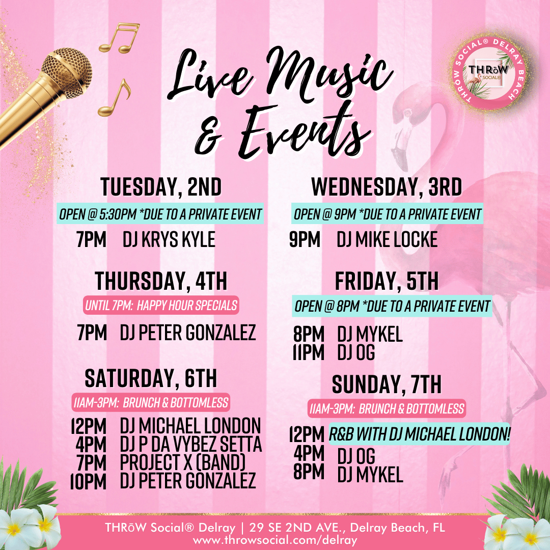 Throw_Delray's tweet photo. ‘Tis the season for live music &amp; cold drinks! 🎄🍹 This week's lineup:

#ThrowSocialDelray #DowntownDelray #DelrayMusic #DelrayBeach #LiveMusic #AtlanticAve #DelrayBeachLocals https://t.co/ScOyd1gIXq