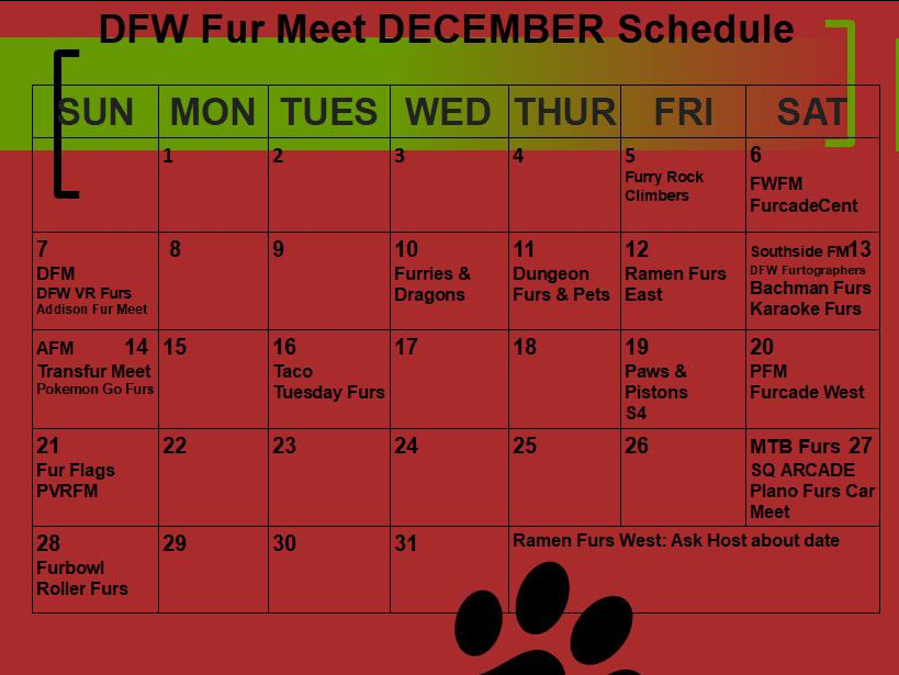 DFWFurs's tweet image. The December furmeet calendar is here #DFWFurs!

Please refer to the key to see organizers, locations, and requirements to attend for each meet! ❤️🐾