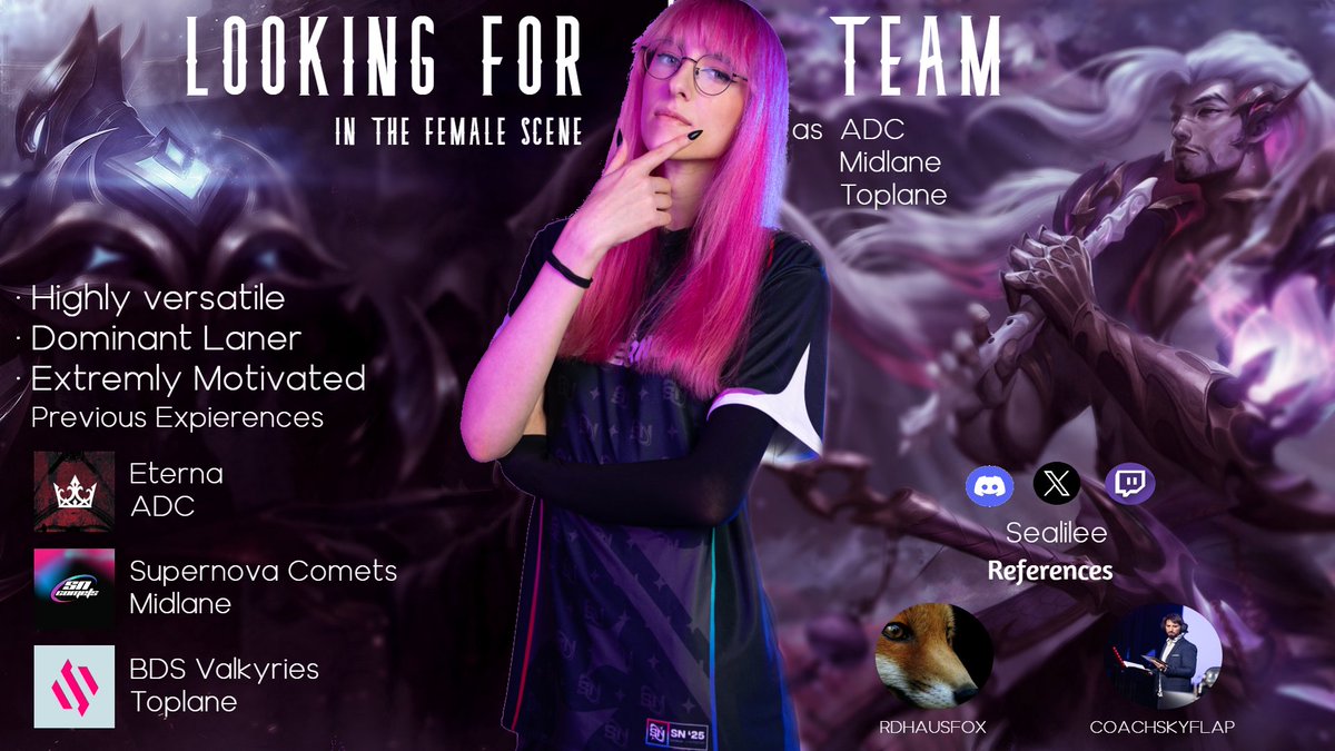 I'm officially LFT for 2026 🌊

Looking to complete any roster aiming for the top as an ADC, Top, or Mid 👑

Extremely experienced and versatile ⚔️
🥇 LoL Game Changers Rising - ADC
🥈 Coupe des Étoiles 2023 &amp; 2024 - Top
🥉 Equal Esports Cup 2023 - Top

DM via Discord/Twitter✉️