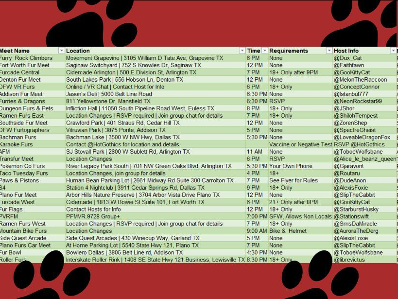 DFWFurs's tweet image. The December furmeet calendar is here #DFWFurs!

Please refer to the key to see organizers, locations, and requirements to attend for each meet! ❤️🐾