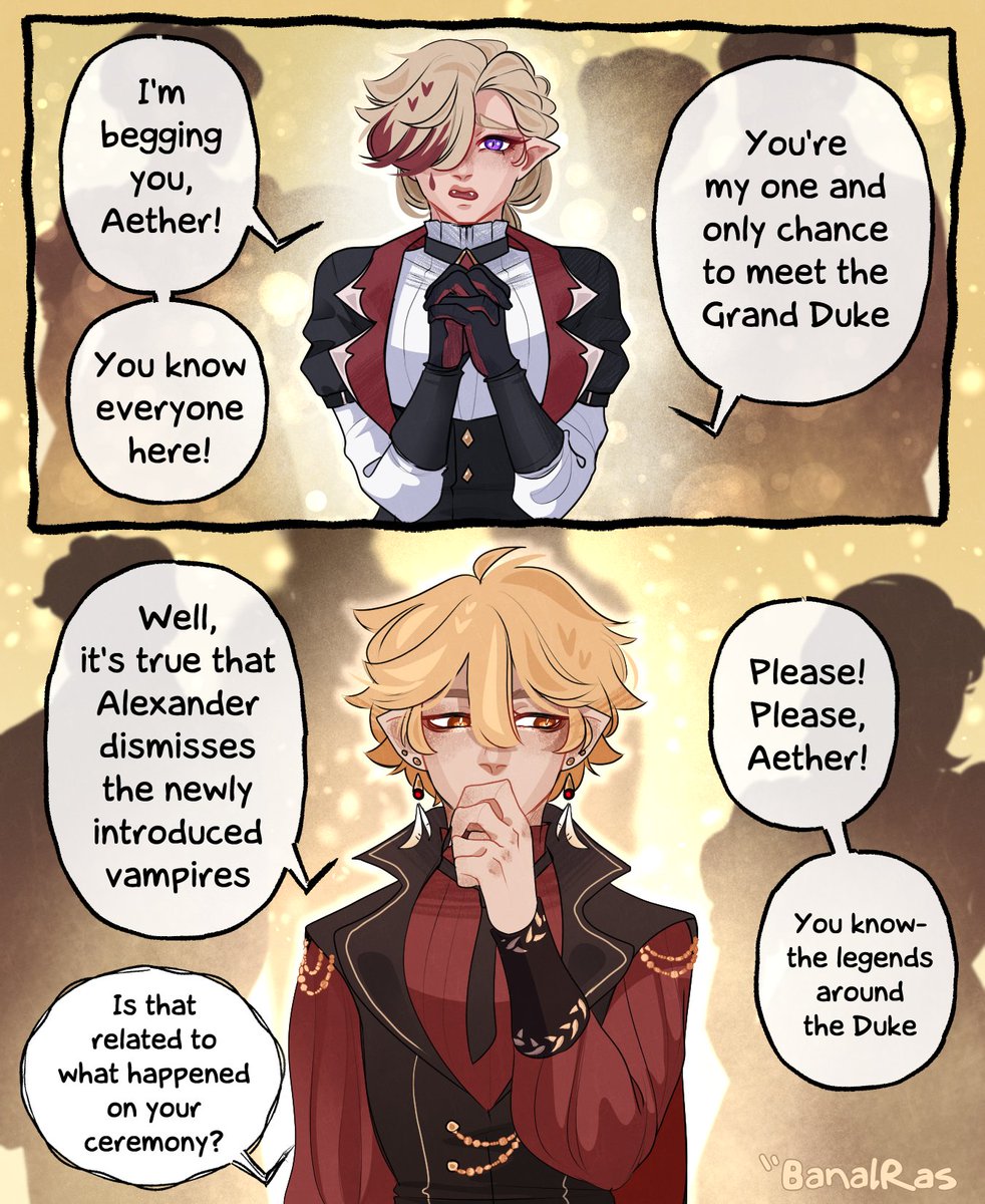 BanalRas's tweet image. Oh, the mysterious duke? 
Is he from the North? xD

Pages 1-2/13

(Vampire au :3)
#Lyney #Aether #genshinoc