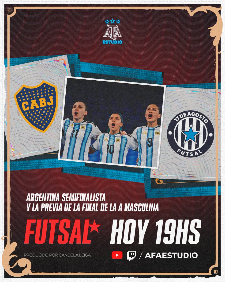 AFAestudio's tweet image. AFA ESTUDIO FUTSAL

ARGENTINA SEMIFINALISTA.

BOCA VS 17 DE AGOSTO - LA GRAN FINAL.

HOY 19 HS.