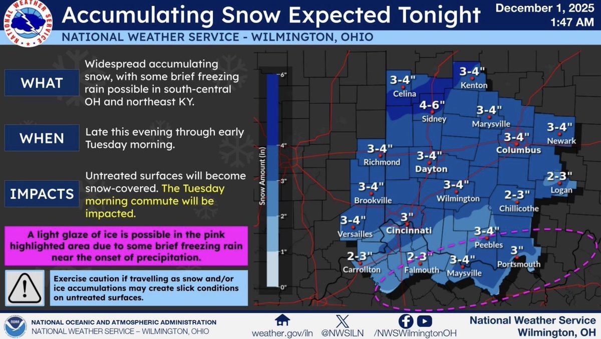 <a href="/NWSILN/">NWS Wilmington OH</a> has issued a Winter Weather Advisory for Hamilton County through 10am tomorrow. Snow may begin as early as 7pm tonight with 2-4 inches of accumulating snow overnight, impacting the Tuesday morning commute. Plan for delays and use caution while driving in snow.